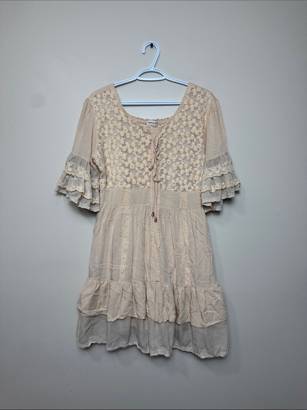 ANNA KACI Cream Lace-Embellished Ruffle Mini Dress size XL